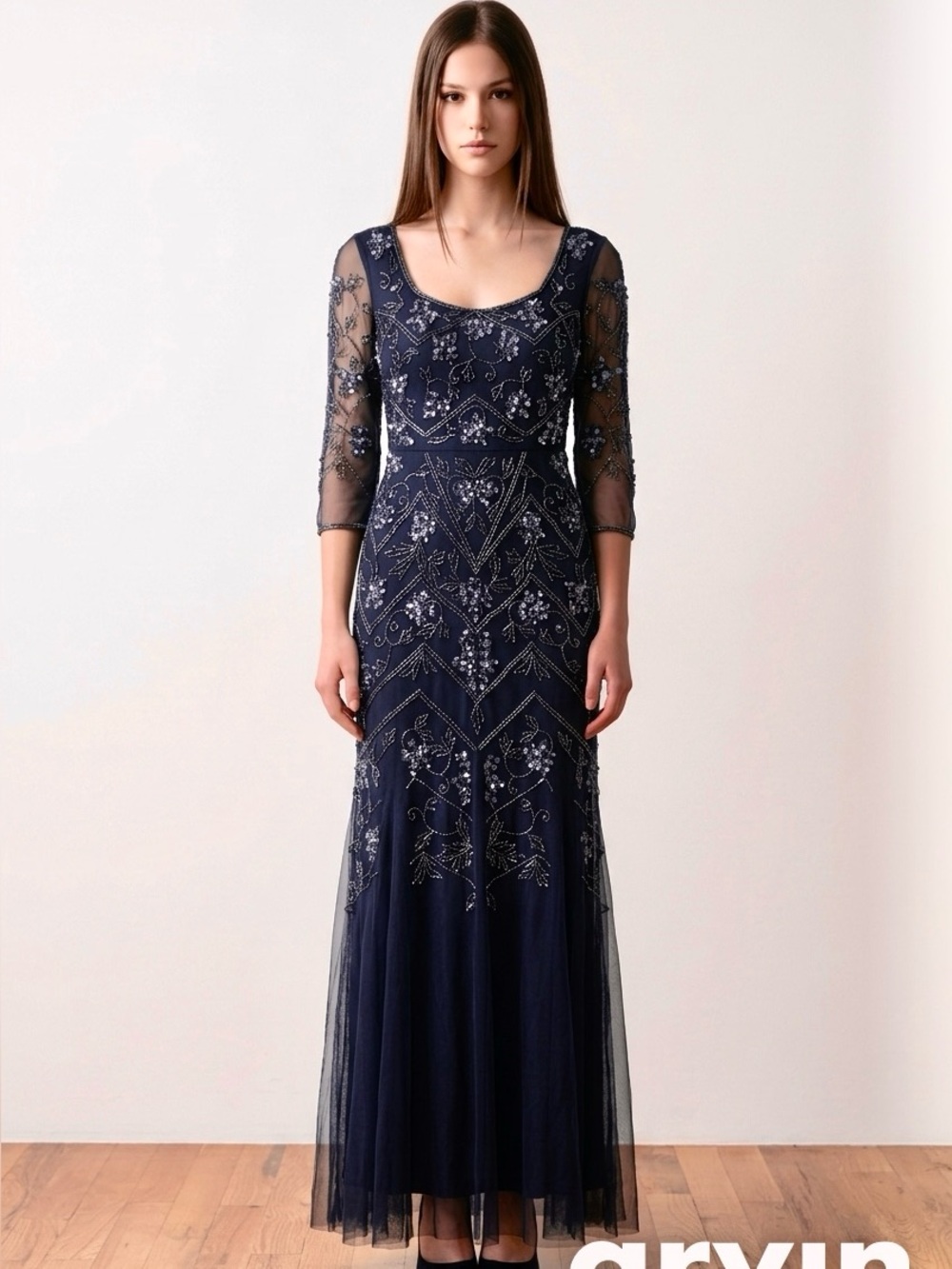$695 Adrianna Papell Sparkling Decorative Sequins Maxi Gown Dress Size 4 Women’s